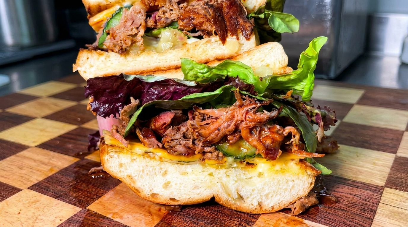 Gourmet Pulled Pork Burger mit geräuchertem Fleisch und Ananas