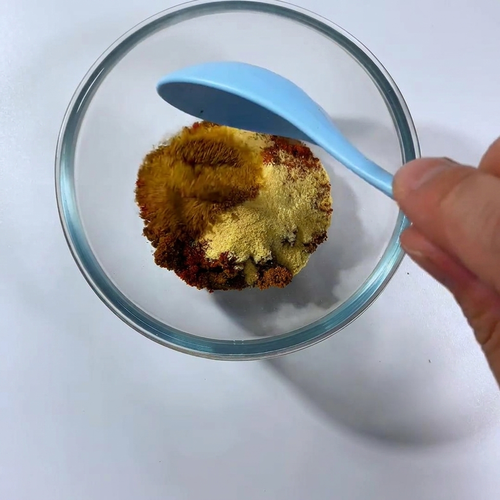 Eine Glasschüssel mit verschiedenen bunten Gewürzen wie Paprika und Knoblauchpulver, die mit einem blauen Löffel vermengt werden.