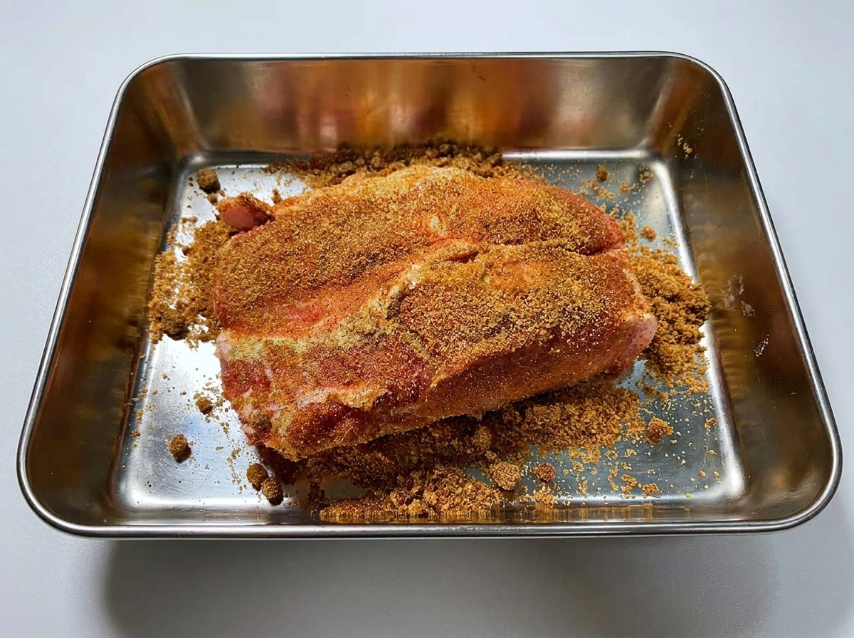 Ein großes Stück rohe Schweineschulter auf einem Metallblech, das rundherum dick mit einer rötlich-braunen Gewürzmischung eingerieben ist.