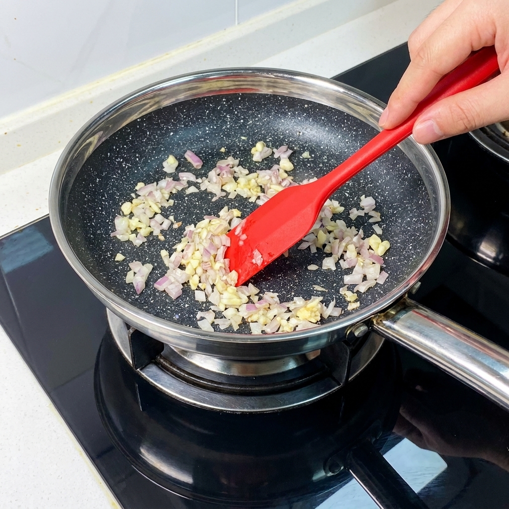 Fein gewürfelte Zwiebeln und gehackter Knoblauch werden mit einem roten Spatel in einer Pfanne angedünstet.