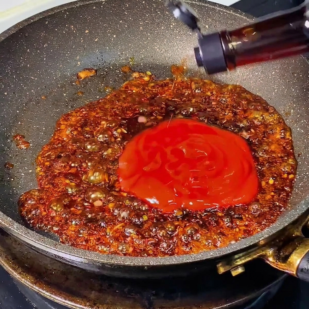 Dunkle Saucen und Ketchup werden zu den karamellisierten Zwiebeln in der Pfanne gegeben.