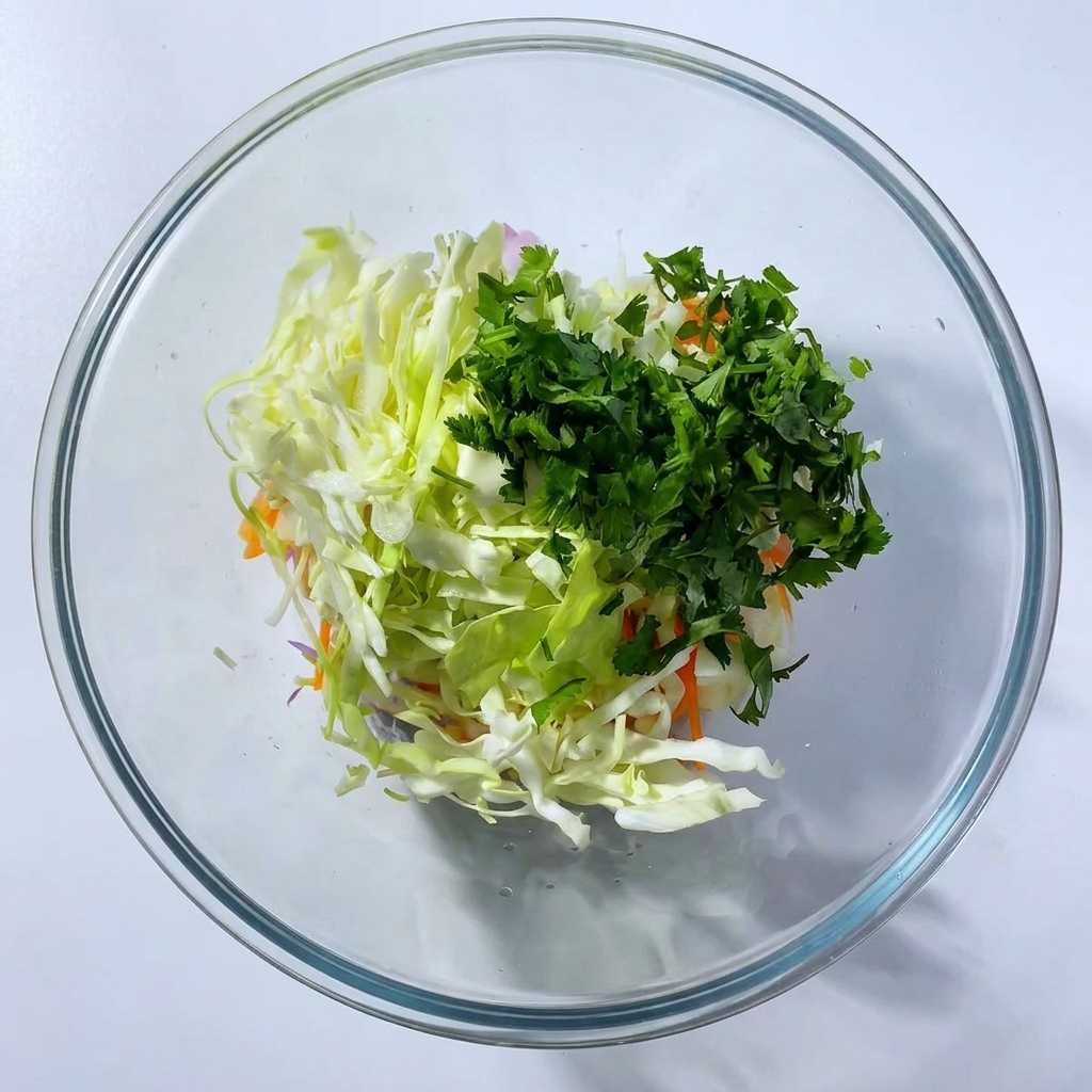 Blick von oben auf eine Glasschüssel gefüllt mit geraspelten Karotten, Weißkohl, roten Zwiebeln und frischem Koriander.