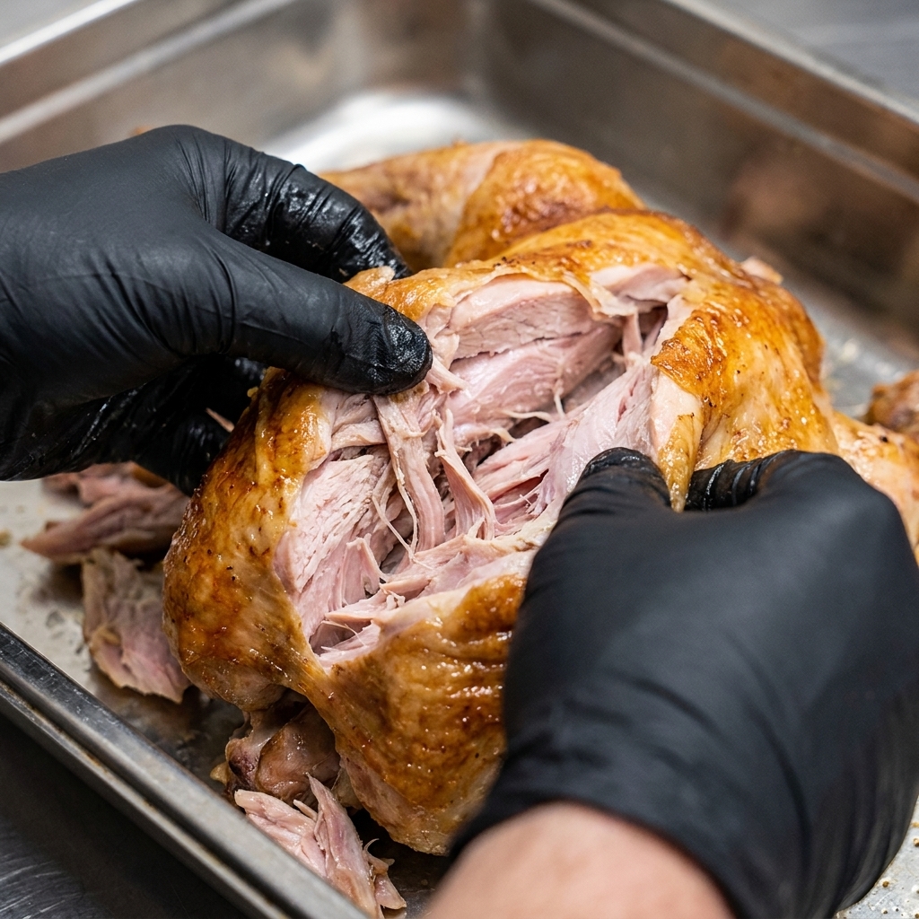 Nahaufnahme von Händen in schwarzen Handschuhen, die ein Stück zartes, saftiges Schweinefleisch in einer Metallform in feine Streifen zupfen.