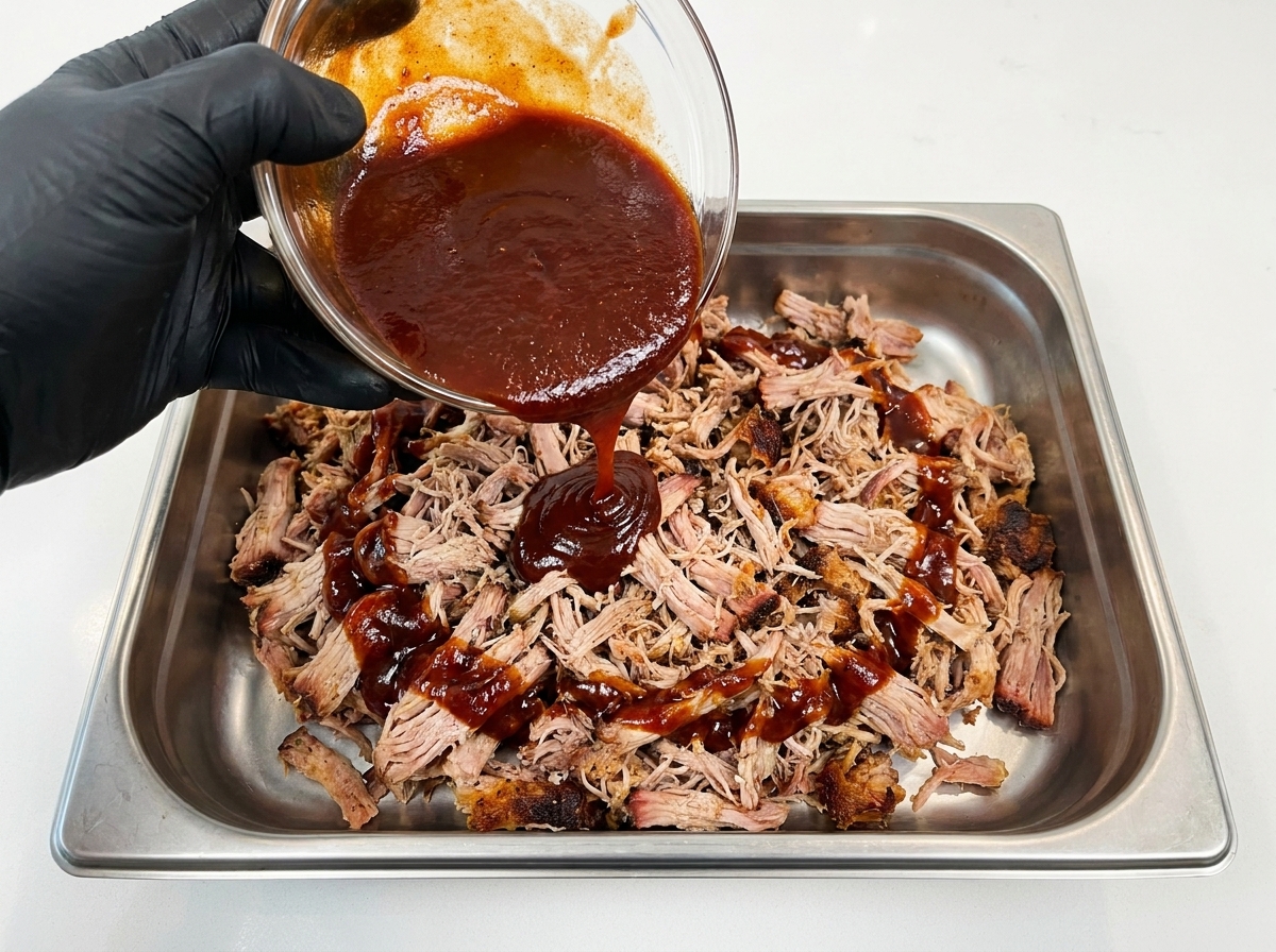 Eine Hand gießt dicke, dunkle Barbecuesauce aus einer Schüssel über einen Berg aus gezupftem Fleisch in einer Edelstahlform.