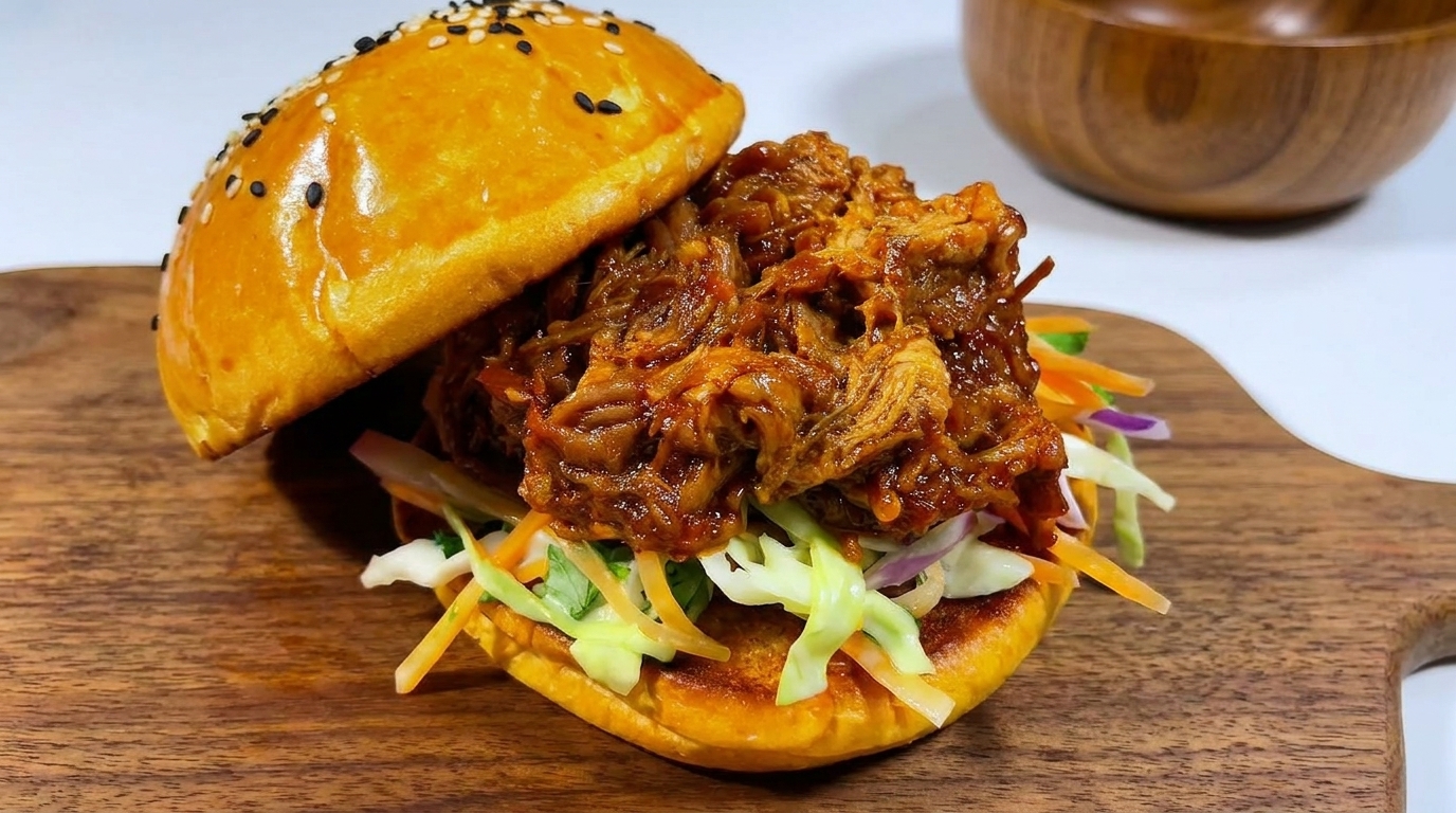 Ein saftiger BBQ Pulled Pork Burger mit reichlich Sauce und knackigem Coleslaw, perfekt angerichtet in einem goldgelb getoasteten Sesambrötchen.
