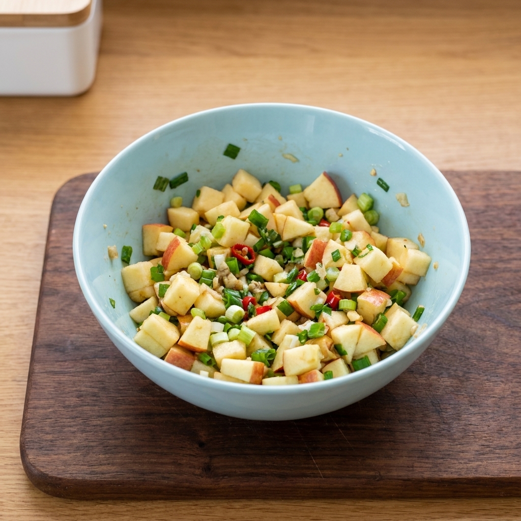 Eine blaue Schüssel mit gewürfelter Ananas, gehackten Frühlingszwiebeln und fein gehackter roter Chili in einer Joghurtbasis.