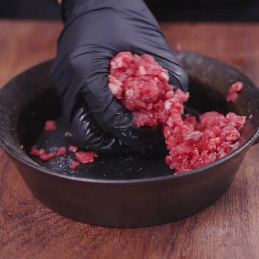 Hände in schwarzen Latex-Handschuhen formen rohes Rinderhackfleisch in einem dunklen Behälter.