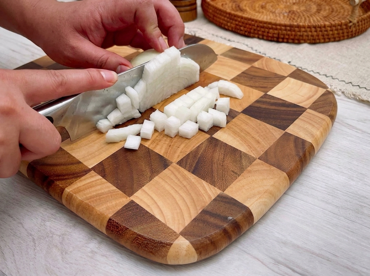 Kleine, gleichmäßige Zwiebelwürfel auf einem Holzschneidebrett, bereit zum Kochen.