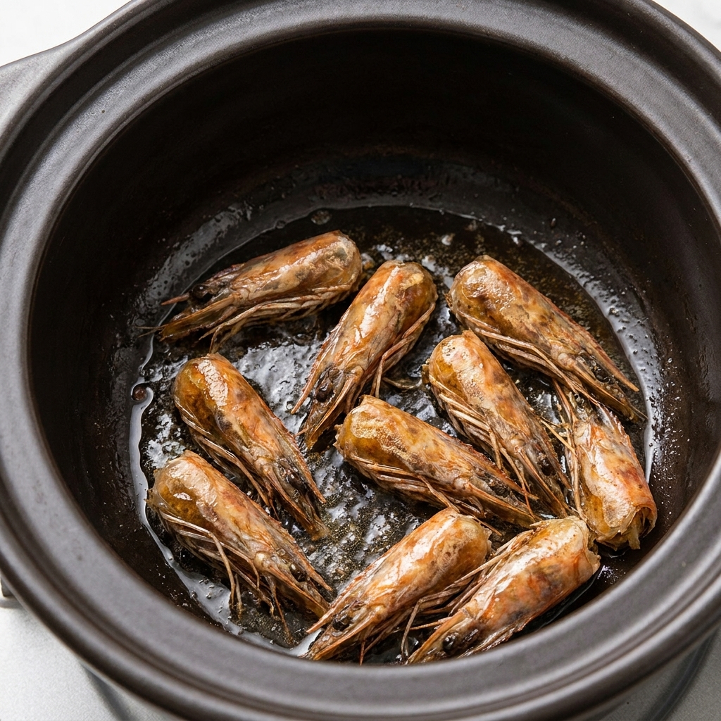 Garnelenköpfe brutzeln im Öl, das bereits eine tiefe, aromatische Farbe angenommen hat.