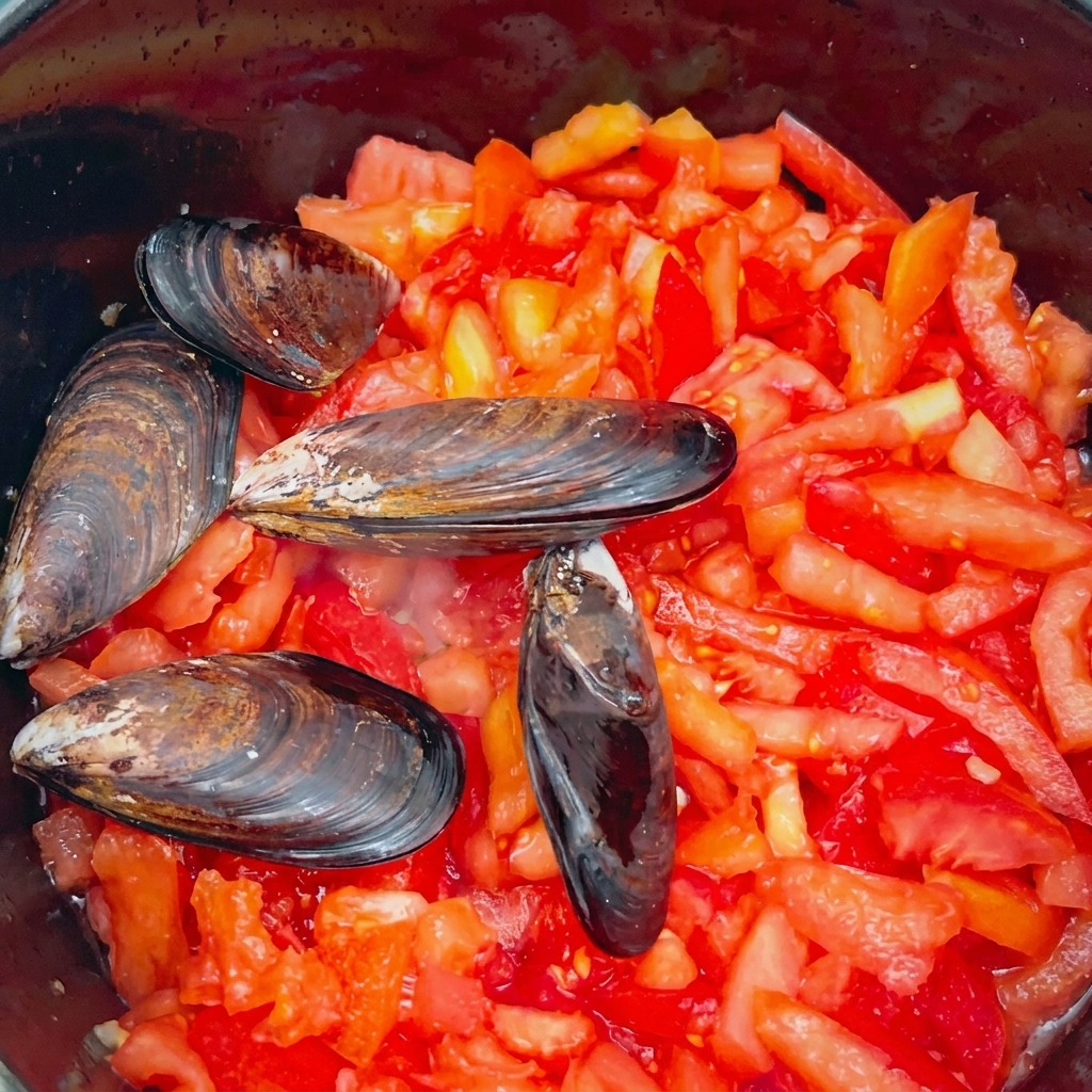 Ganze, schwarze Miesmuscheln ruhen auf einer lebendigen Schicht roter Tomatenwürfel in einem Kochtopf.