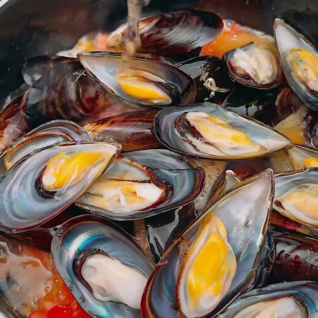Eine helle Flüssigkeit wird über frische schwarze Miesmuscheln und gehackte rote Tomaten gegossen.