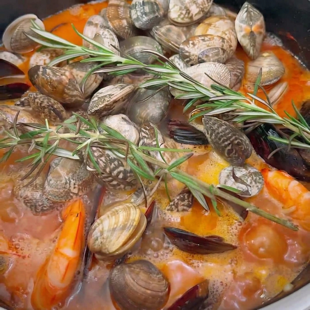 Frische Rosmarinzweige liegen in einem Topf auf köchelnden Muscheln, Garnelen und sprudelnder Brühe.