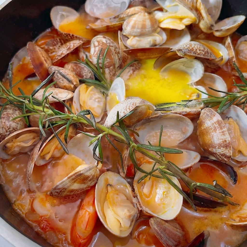 Frisch gemahlener schwarzer Pfeffer wird über einen Topf mit fertig brodelndem mediterranem Meeresfrüchte-Eintopf gestreut.