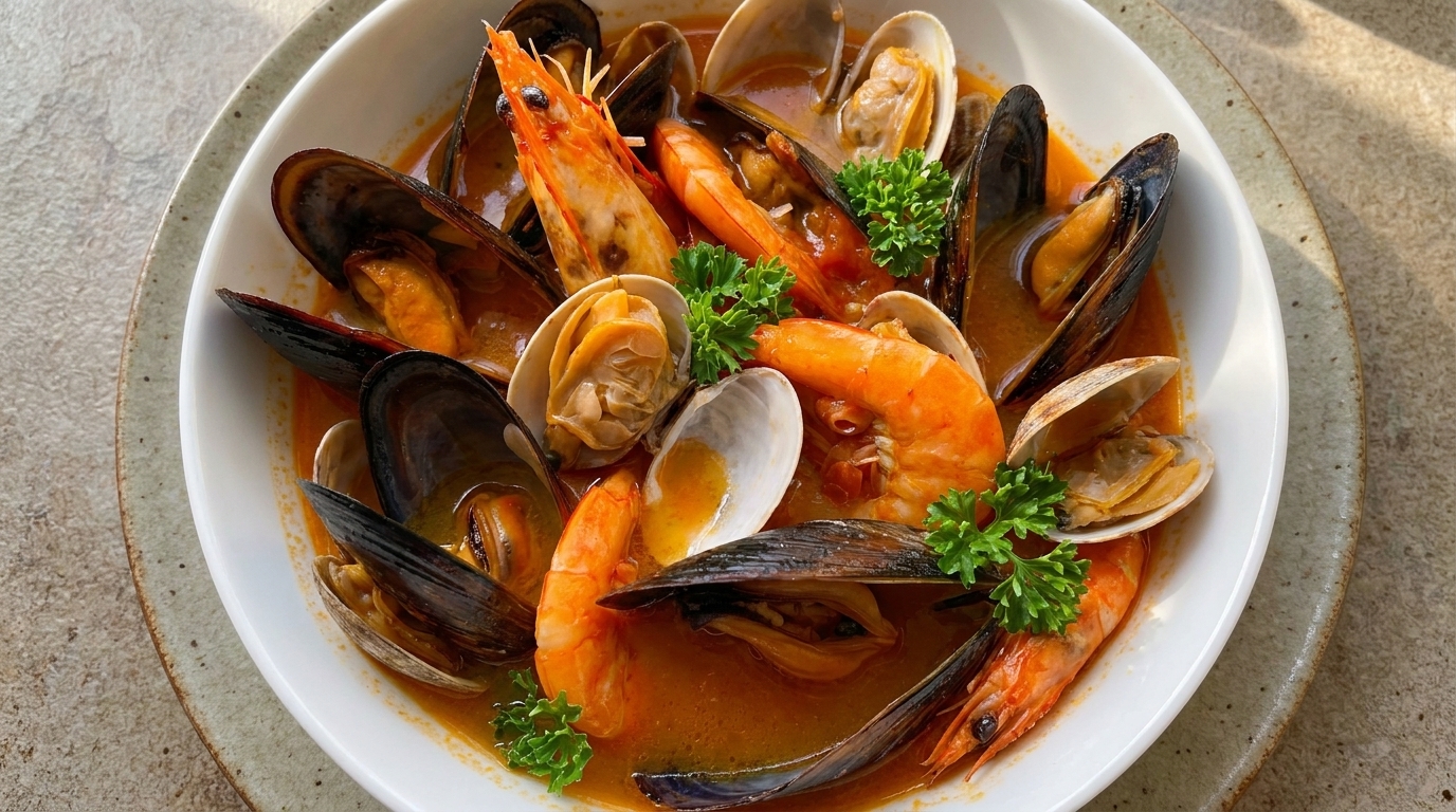 Eine farbenfrohe Schale mit mediterraner Meeresfrüchtesuppe voller Garnelen und Muscheln in einer kräftigen Tomatenbrühe.