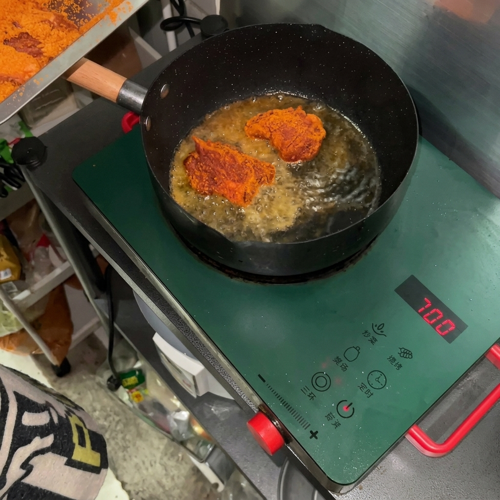 Cajun-gewürztes Fleisch brät in heißem Öl in einer schwarzen Pfanne auf einem Induktionsherd.