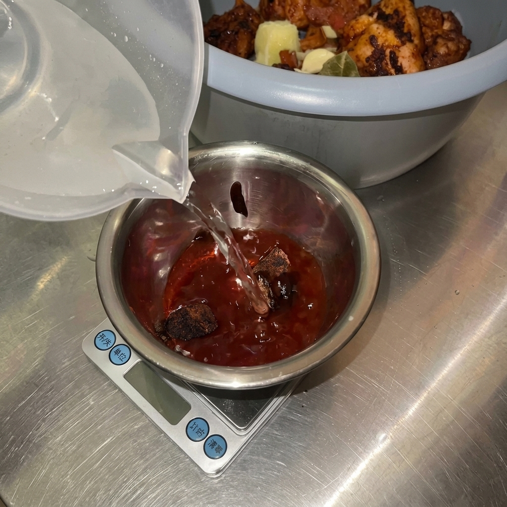 Wasser wird in eine Schale mit dunklen Gewürzen und Chilipulver gegossen, um eine Sauce anzurühren.