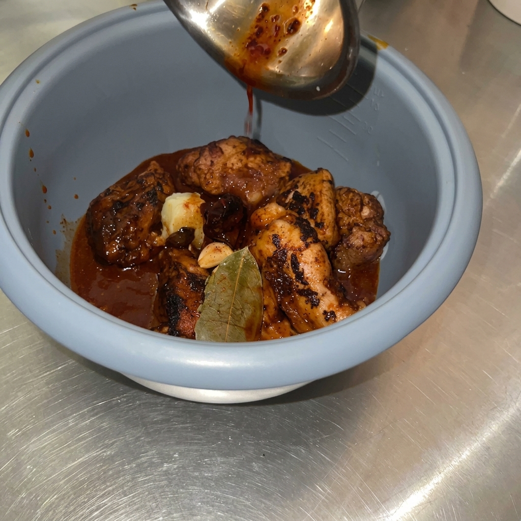 Sauce wird mit einer Schöpfkelle über das angebratene Fleisch und die Gewürze im Reiskochertopf gegossen.