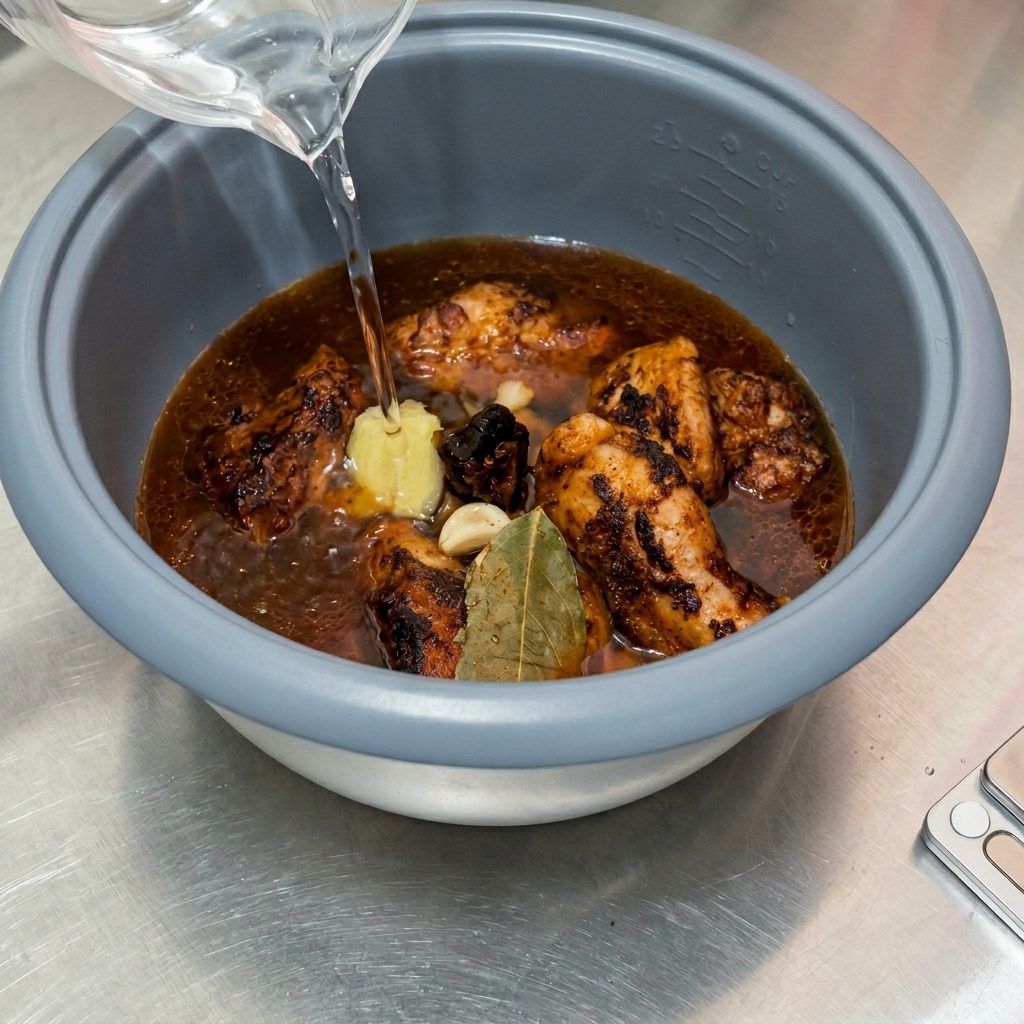 Frisches Wasser wird aus einem Messbecher in den Reiskochertopf gegossen, bis Fleisch und Gewürze bedeckt sind.