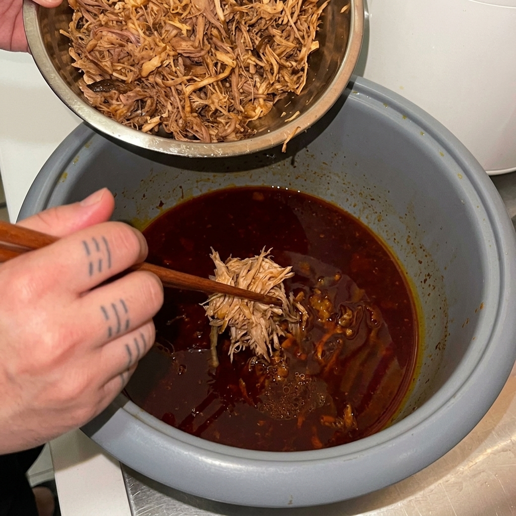 Das gezupfte Fleisch wird mit Stäbchen zurück in die dunkle Sauce im Reiskocher gegeben.