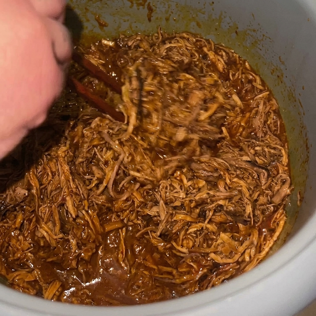 Pulled Pork wird in einem Topf mit reicher, dunkler Sauce gerührt, fertig gezupft für das Finale.