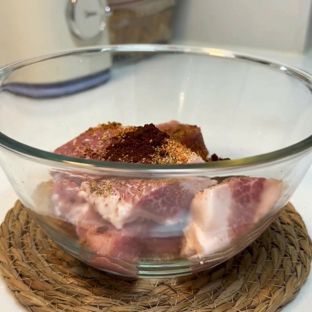 Rohe Schweinenackenstücke mit Gewürzen wie Paprika, Knoblauch und Kreuzkümmel in einer Glasschüssel.