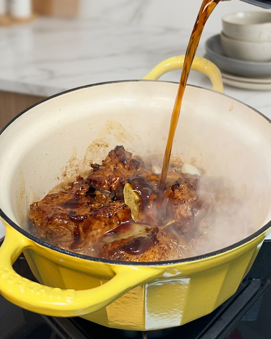 Cola wird in einen Topf mit angebratenem Fleisch, Zwiebeln und BBQ-Sauce gegossen.