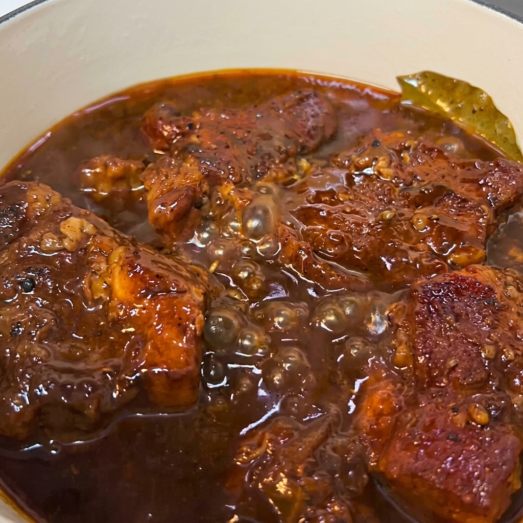 Zartes Fleisch, das in der dunklen, reduzierenden Sauce im Topf simmert.