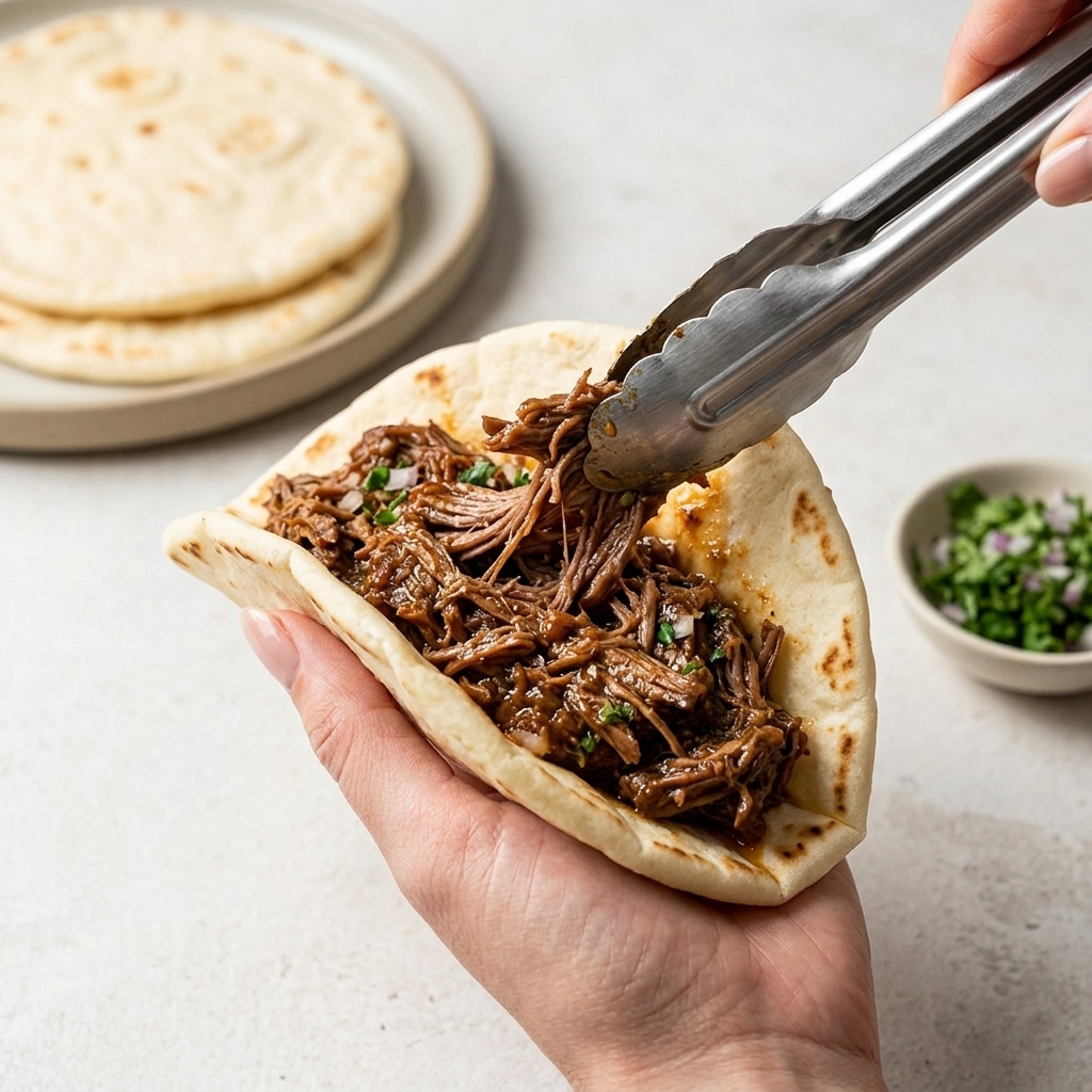Nahaufnahme einer gefüllten Tortilla mit Pulled Pork, Zwiebeln, Tomaten und Koriander.