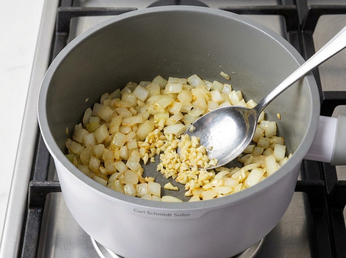 Fein gehackte Zwiebeln, Knoblauch und Sellerie garen zusammen mit Rosmarin in einem Topf.
