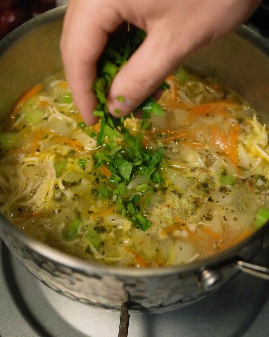 Eine Schöpfkelle fügt frisch gehackten Koriander zur fertigen Hühner-Gemüse-Suppe hinzu.