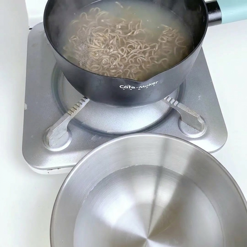 Gekochte Nudeln werden in einem Sieb unter kaltem Wasser abgespült.
