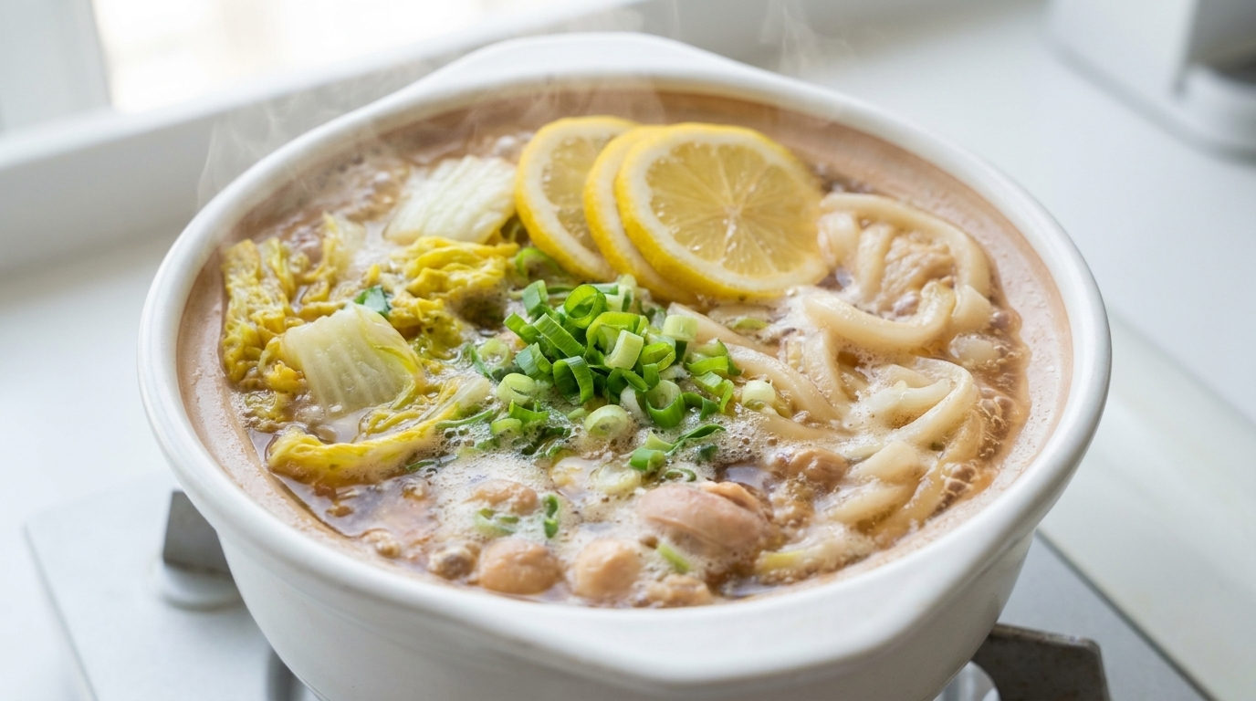 Ein fertig gekochter Topf mit Zitronen-Hähnchen-Udon-Suppe, garniert mit Frühlingszwiebeln und frischen Zitronenscheiben.