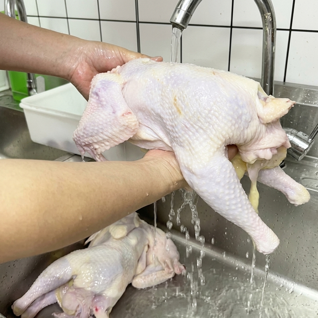 Ein ganzes rohes Huhn wird unter fließendem Wasser in einem Edelstahlwaschbecken gehalten.