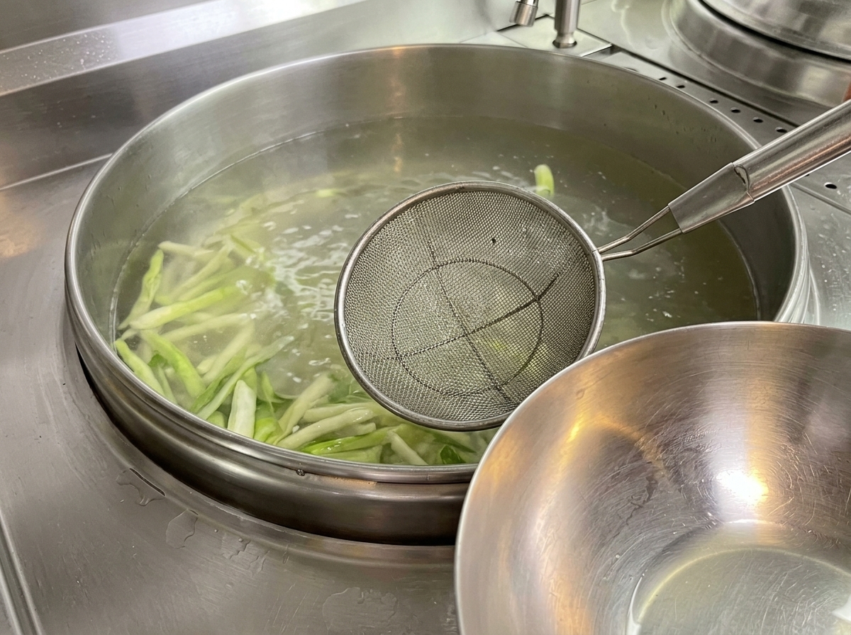 Ein feinmaschiges Sieb wird verwendet, um Schaum von der Oberfläche der kochenden Brühe abzuschöpfen.