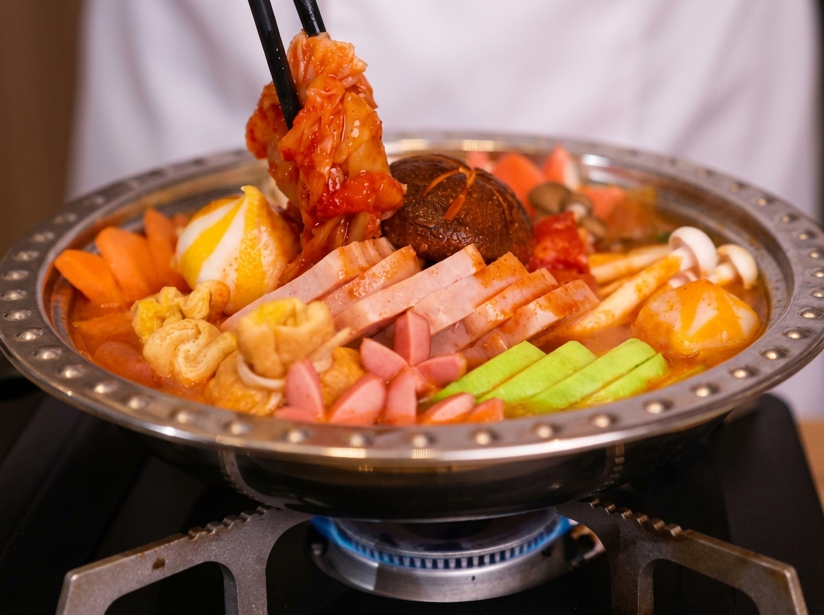Eine Portion Kimchi, die mit Stäbchen in den Topf gegeben wird, mit einer Scheibe Schmelzkäse, die darauf gelegt werden soll.