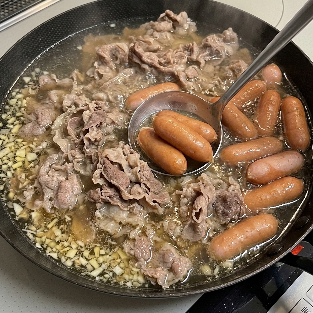 Frische Sojasprossen und Frühlingszwiebeln im Eintopf.