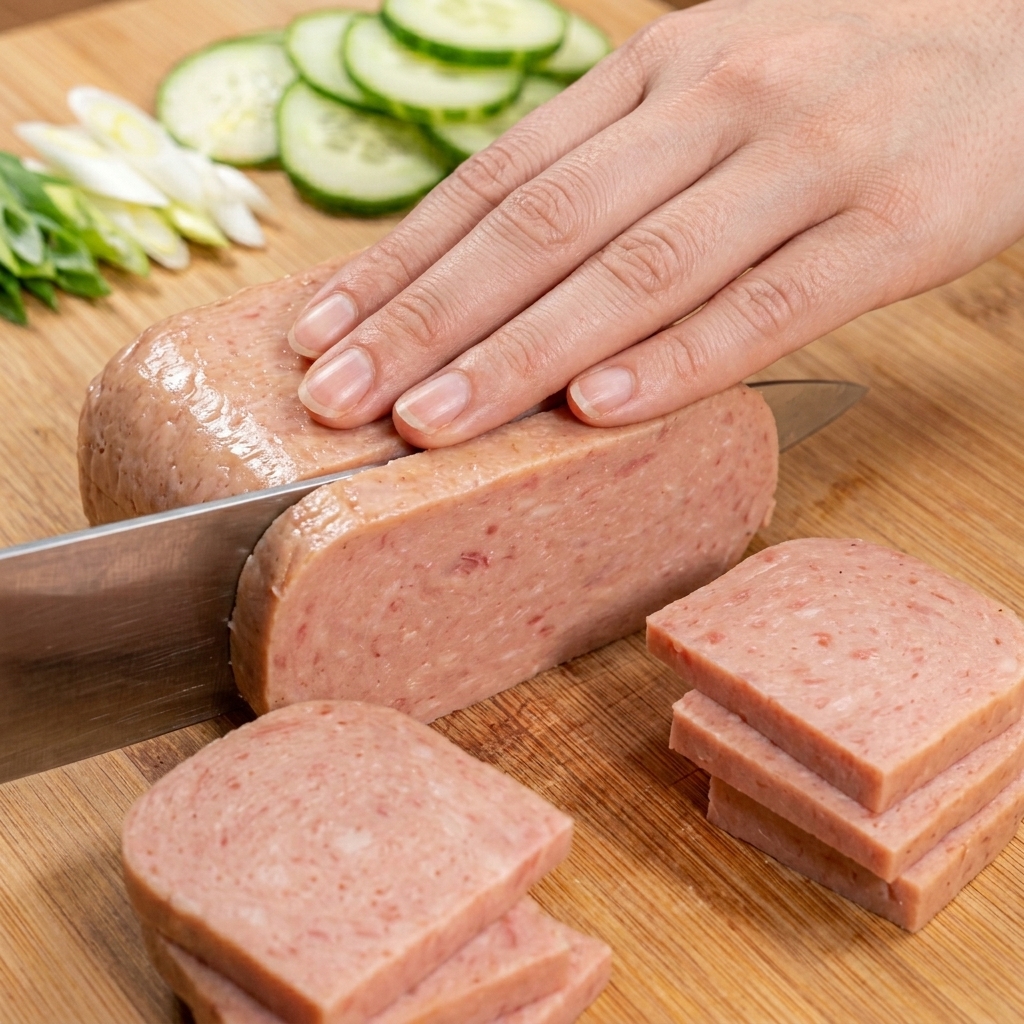 Frühstücksfleisch in gleichmäßige, rechteckige Scheiben auf einem Holzbrett.