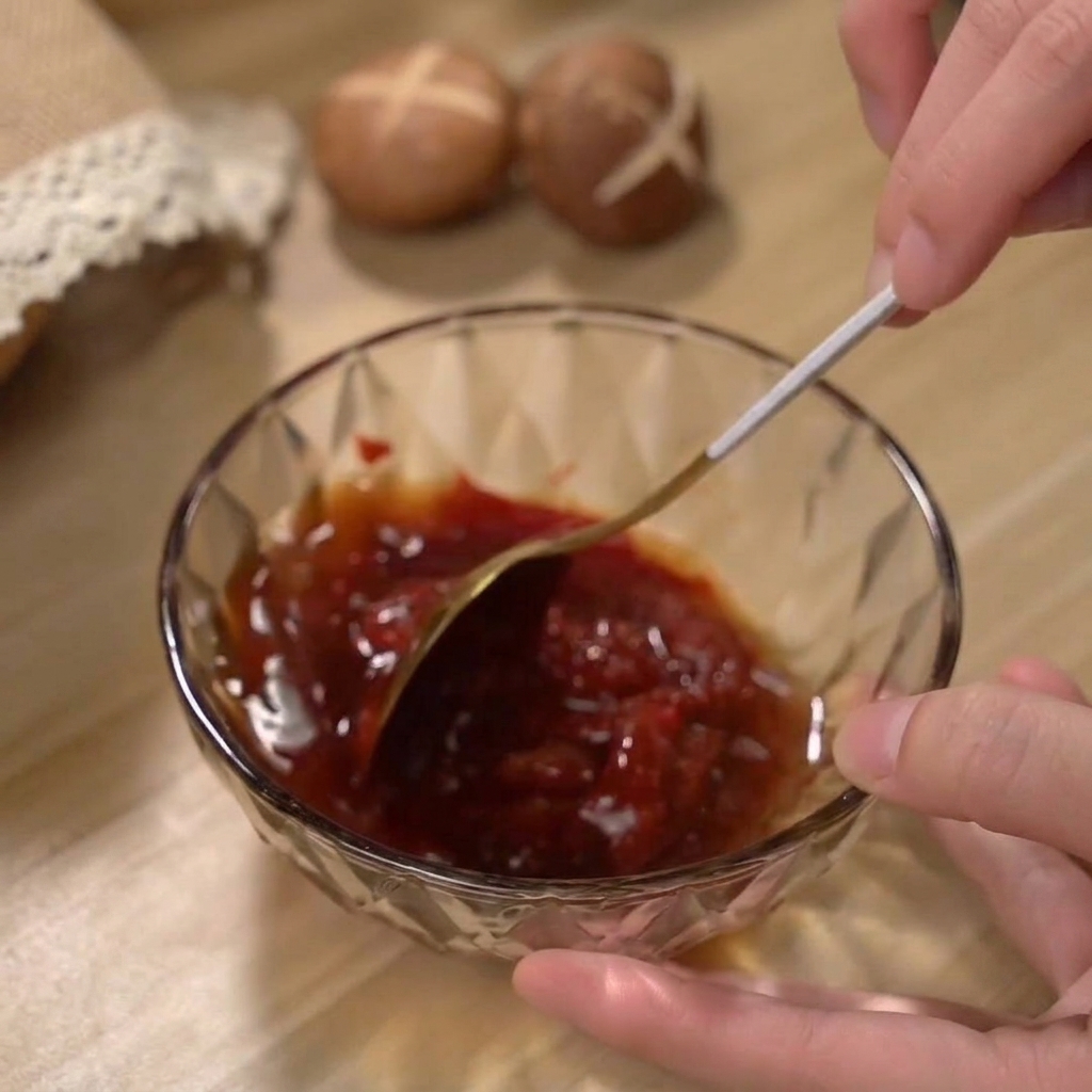 Eine kräftige, rote Gewürzsauce, die in einer kleinen Glasschale zusammengerührt wird.