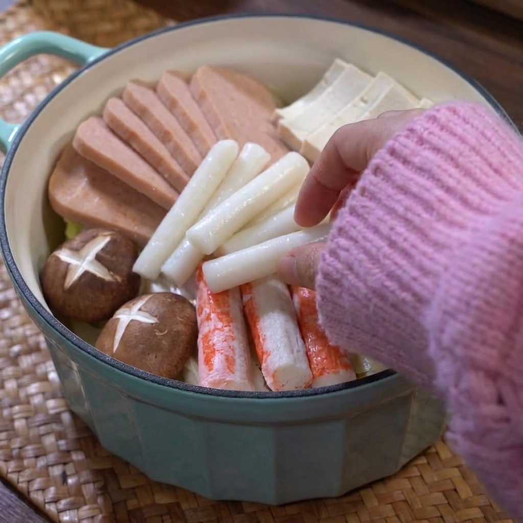 Kimchi wird mit Essstäbchen in die Mitte des Topfes gegeben.