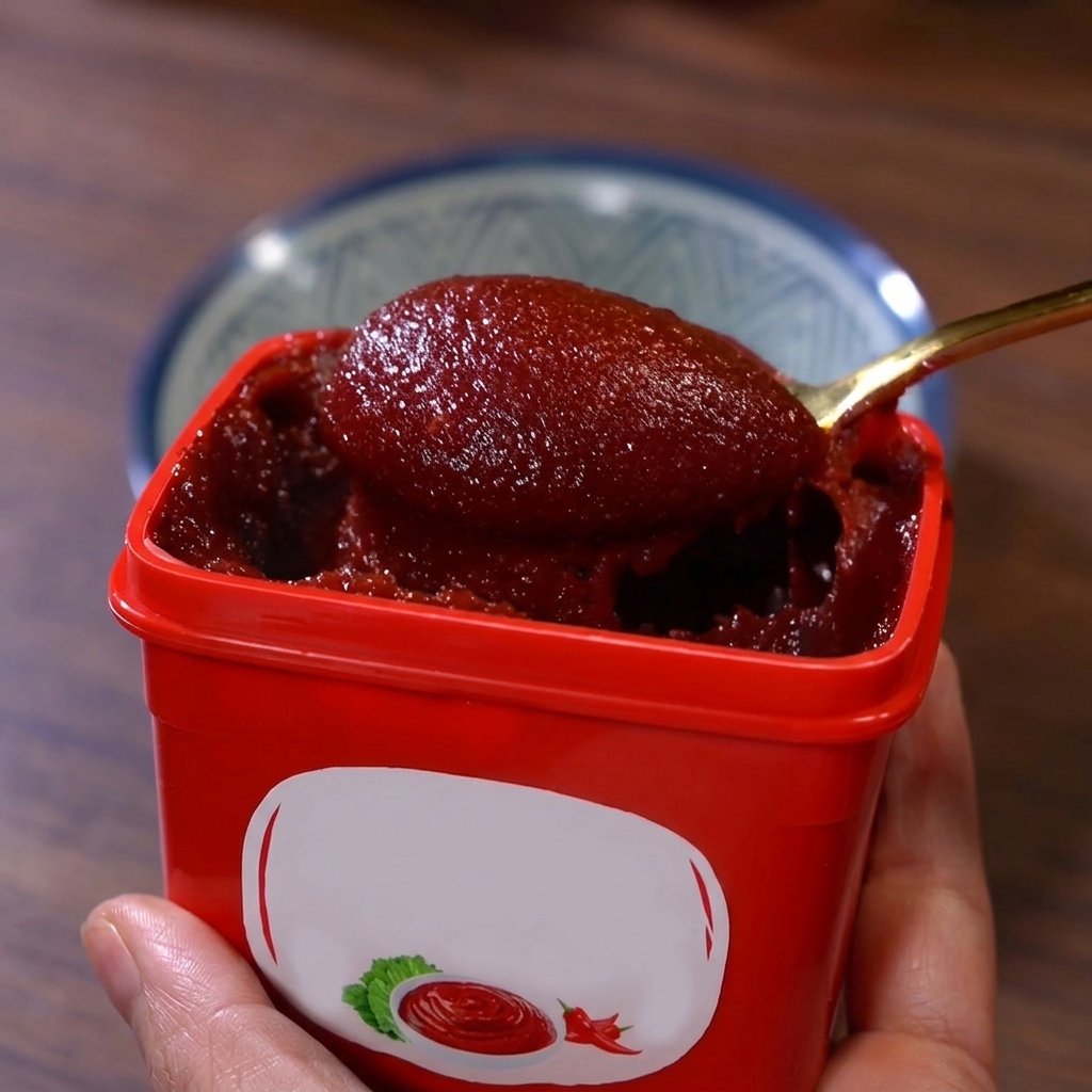 Eine kleine Schüssel mit roter koreanischer Chilipaste, die mit anderen Saucenzutaten vermischt wird.