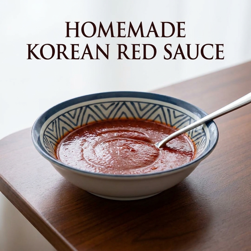 Dicke rote Sauce wird aus einer blauen Schüssel über die angerichteten Zutaten im Topf gegossen.