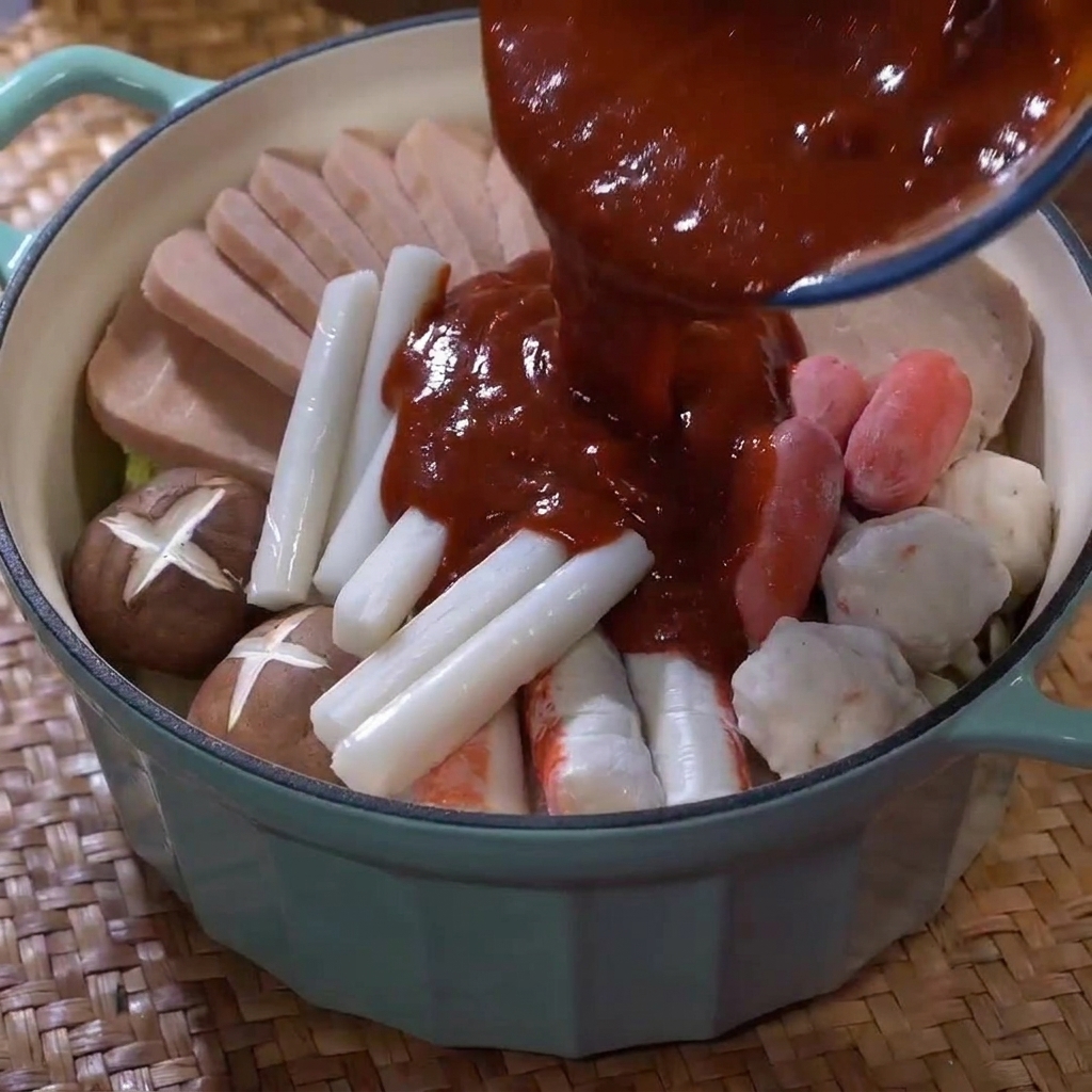 Klares Wasser wird in den Topf mit den angerichteten koreanischen Army Stew-Zutaten gegossen.