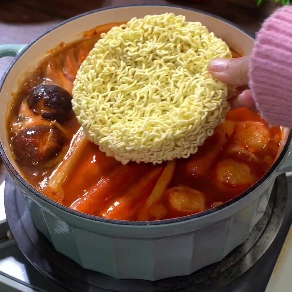 Ein trockener Block Instant-Ramen wird in die kochende rote Brühe des Eintopfs gelegt.