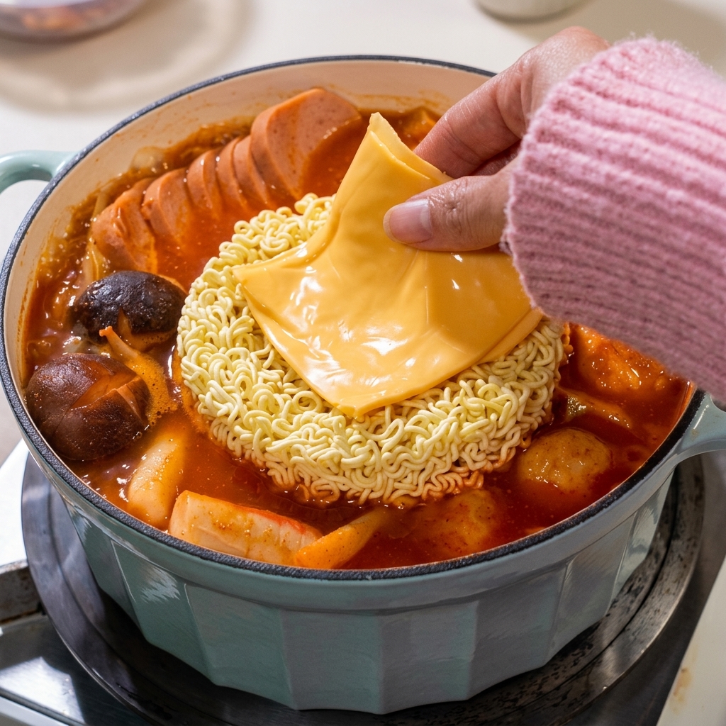 Ein Ei wird aufgeschlagen und in die Mitte der kochenden Ramen-Nudeln im Topf gleiten gelassen.