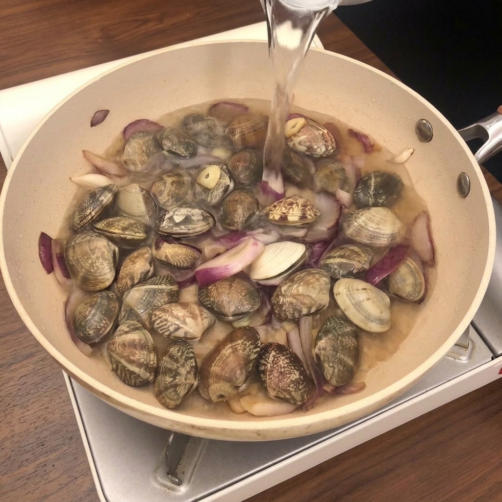Weißwein und Rosmarin werden zu den Muscheln und Zwiebeln in die Pfanne gegeben.
