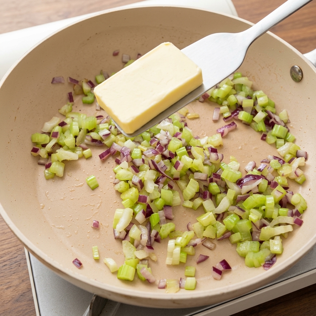 Butter schmilzt in der Mischung aus angebratenen Zwiebeln und Sellerie in der Pfanne.