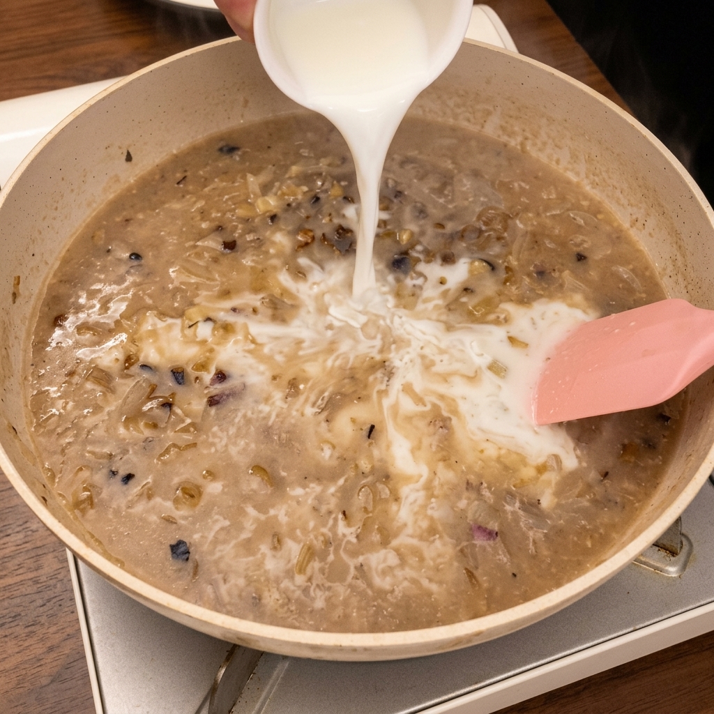 Milch wird in die köchelnde, angedickte Suppenbasis eingerührt.