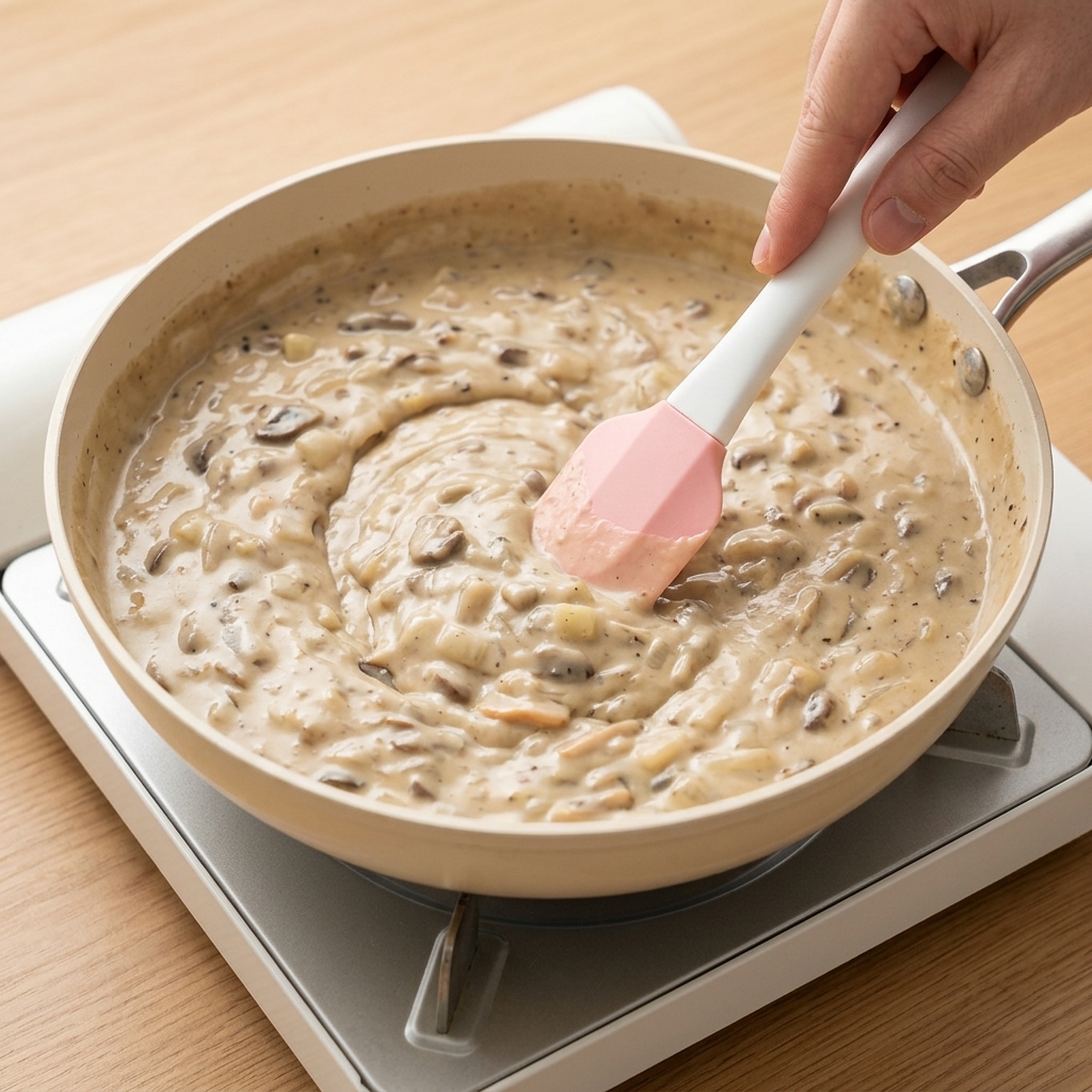 Schlagsahne wird in die köchelnde Clam Chowder gerührt.