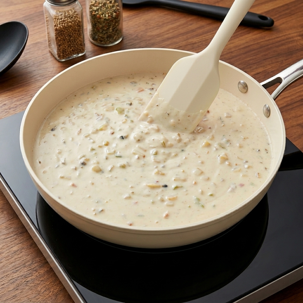 Nahaufnahme von frisch gemahlenem schwarzen Pfeffer, der in eine Pfanne mit köchelnder, cremiger Clam Chowder gestreut wird.