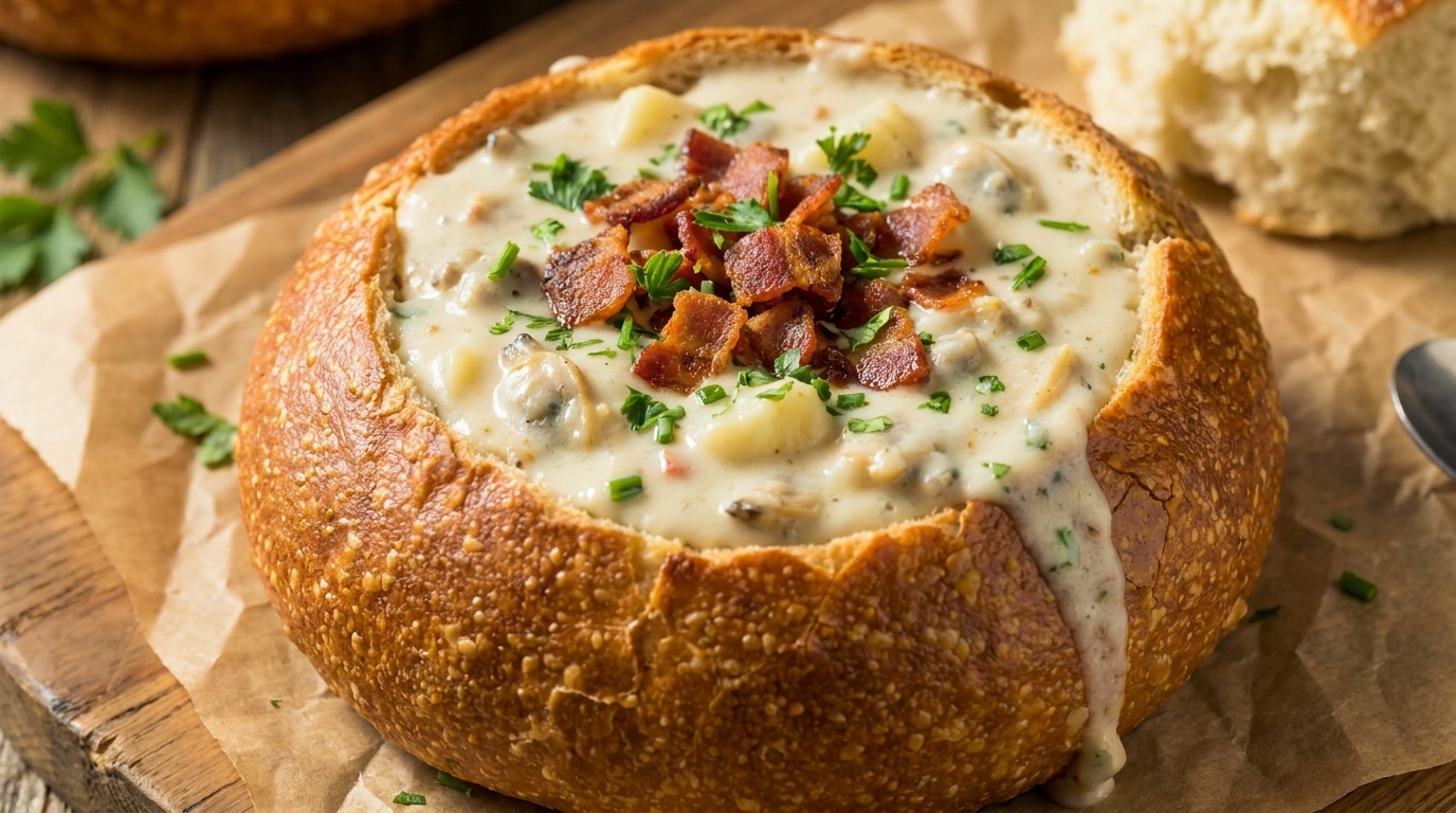 Cremige Clam Chowder im Sauerteig-Brottopf